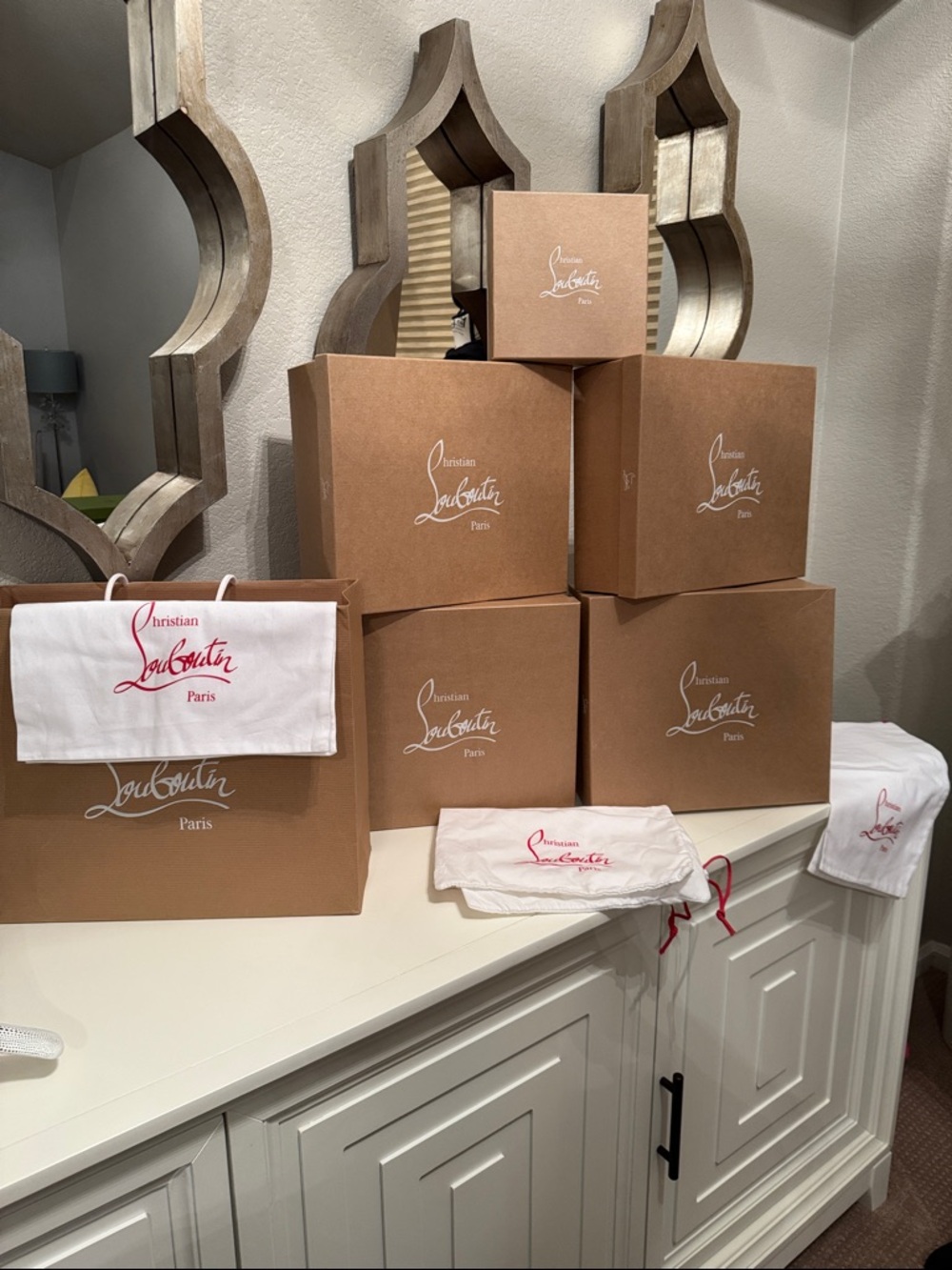 Christian Louboutin Brown Boxes with White and Red Logo Dust Bags all empty